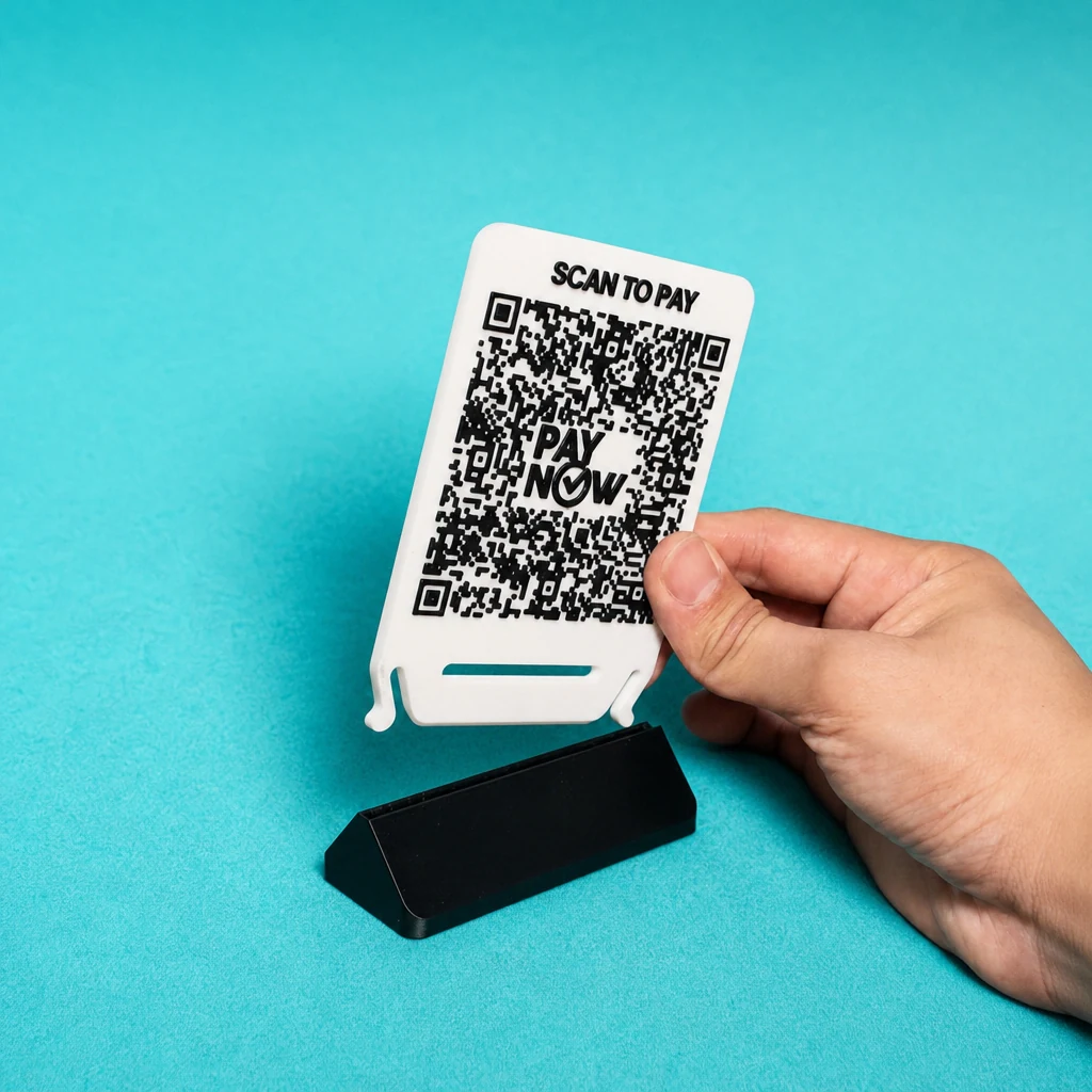 A hand holding a 3D-printed QR Stand with a snap-fit insert