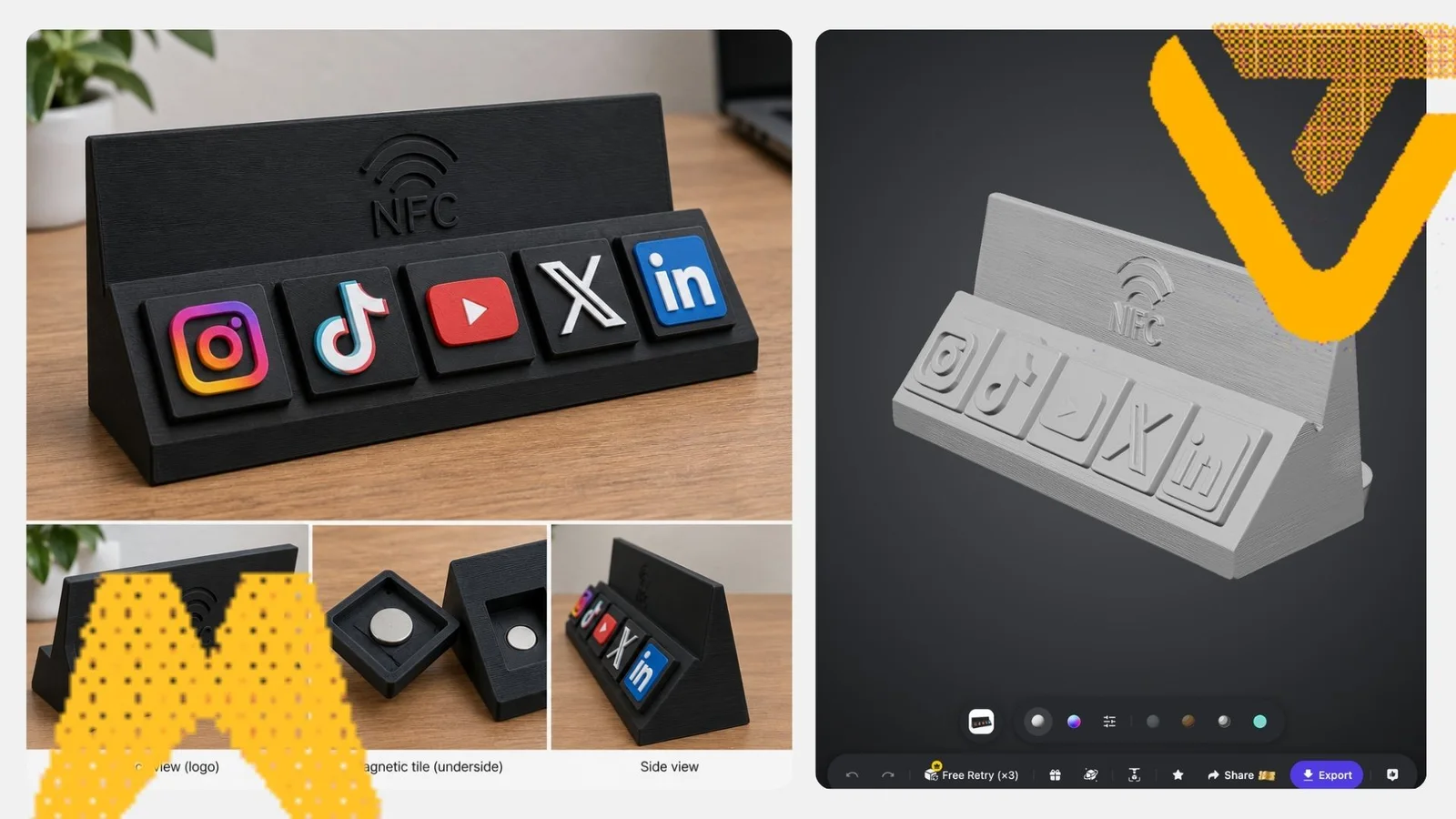 A printed NFC stand next to its Tripo image-to-3D model