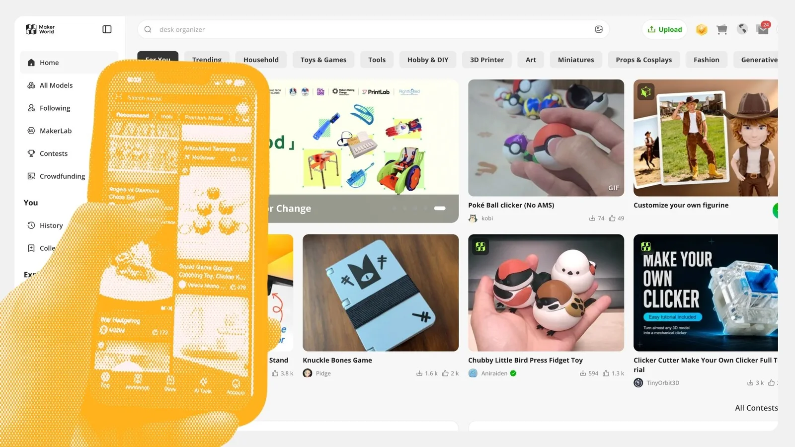 MakerWorld on a desktop and in the Bambu Handy app on a phone