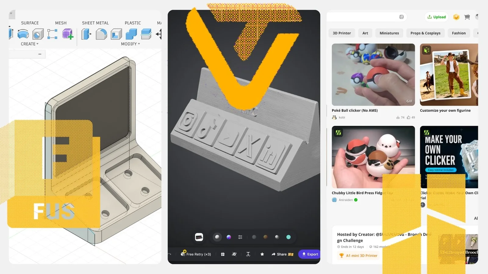 Collage of the three routes: MakerWorld in the Bambu Handy app, a Tripo image-to-3D model and a Tap Bar in Autodesk Fusion