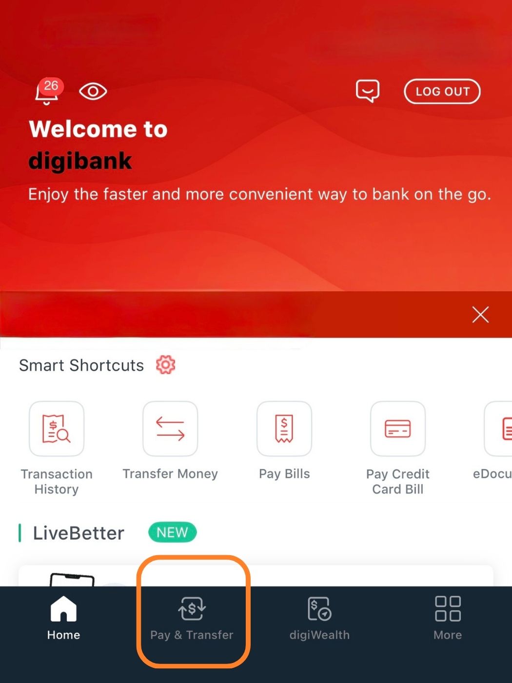 DBS digibank home screen with Pay and Transfer highlighted