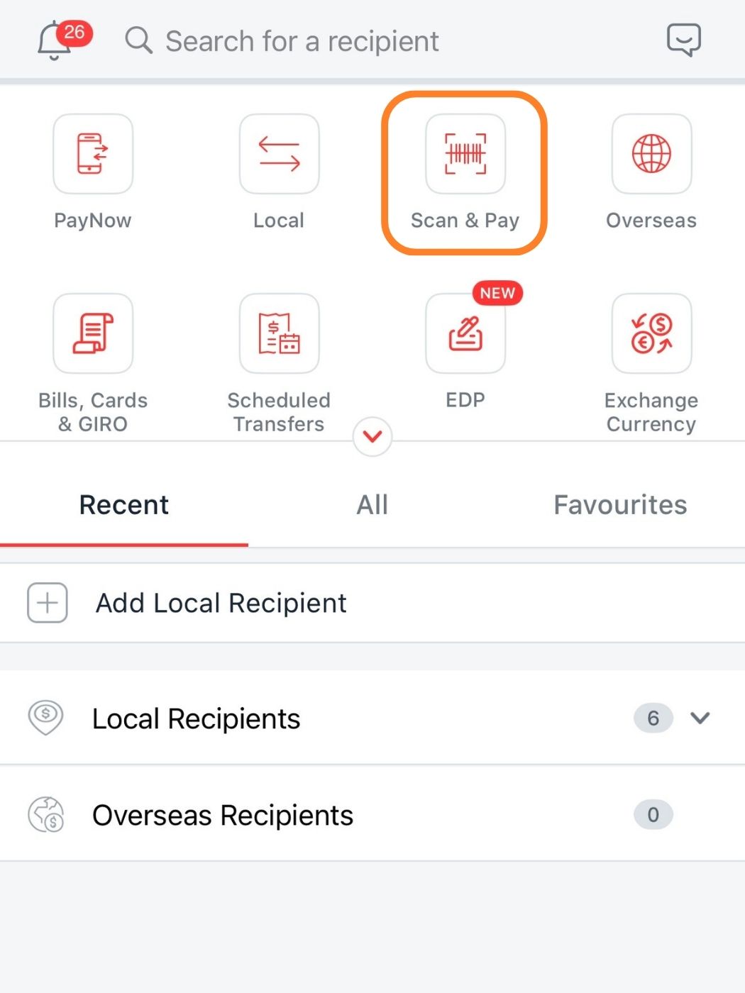 DBS digibank Pay and Transfer screen with Scan and Pay highlighted