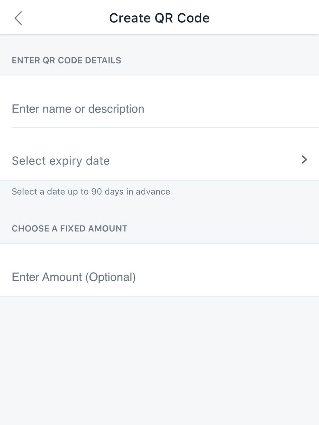 DBS digibank Create QR Code form with name, expiry date and optional amount
