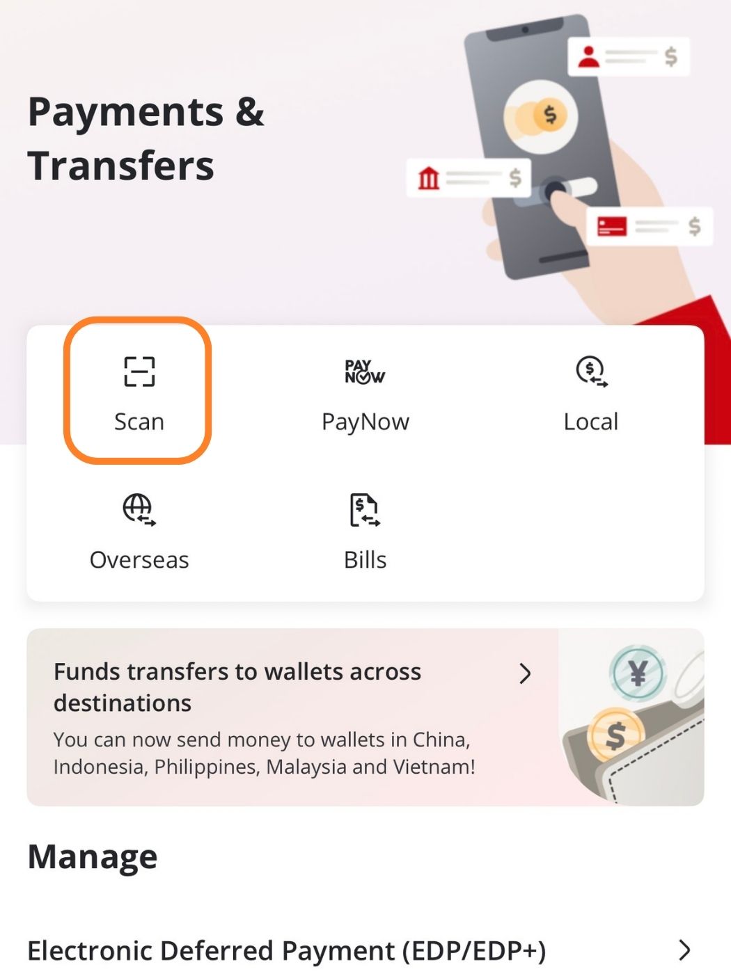 OCBC Digital Payments and Transfers screen with Scan highlighted