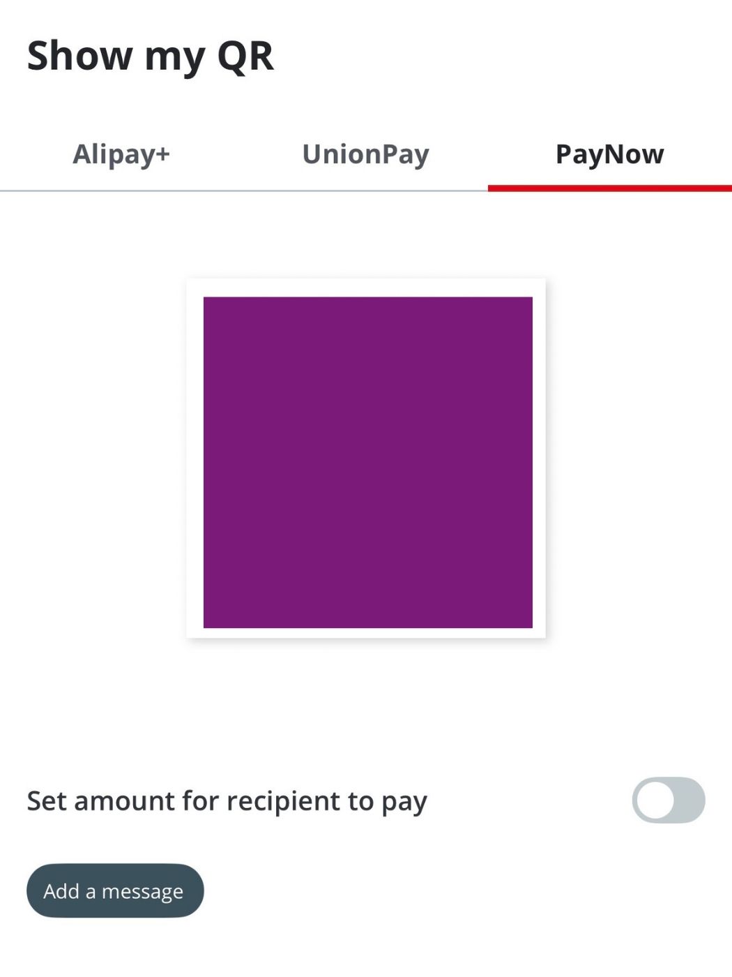 OCBC Digital Show my QR screen on the PayNow tab with amount toggle off