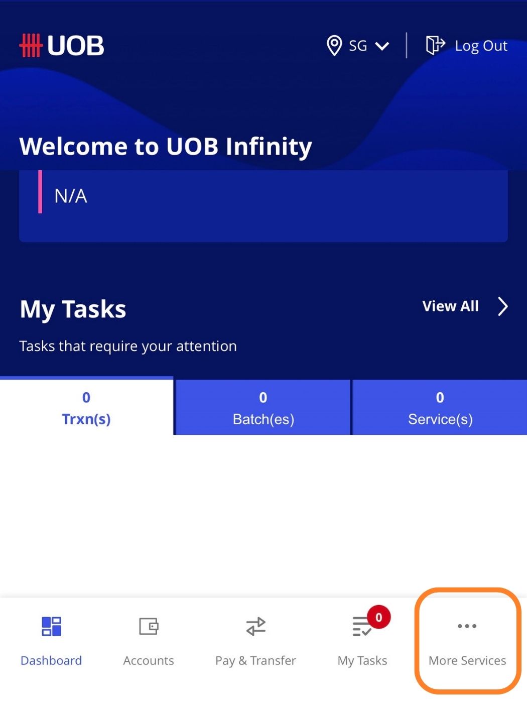 UOB Infinity dashboard with More Services highlighted