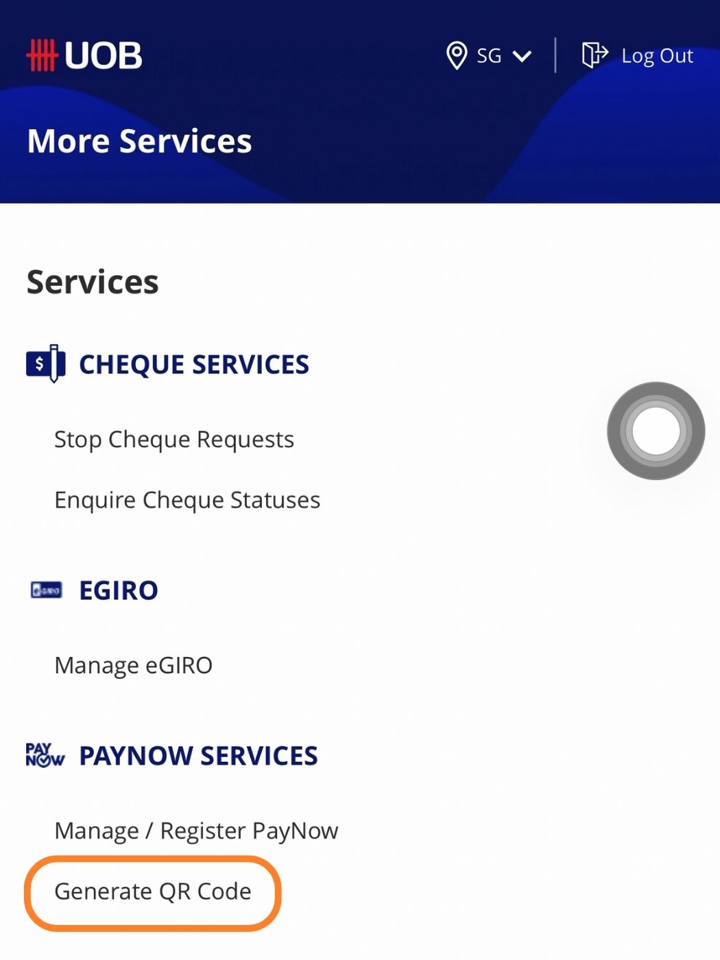 UOB Infinity More Services menu with Generate QR Code highlighted