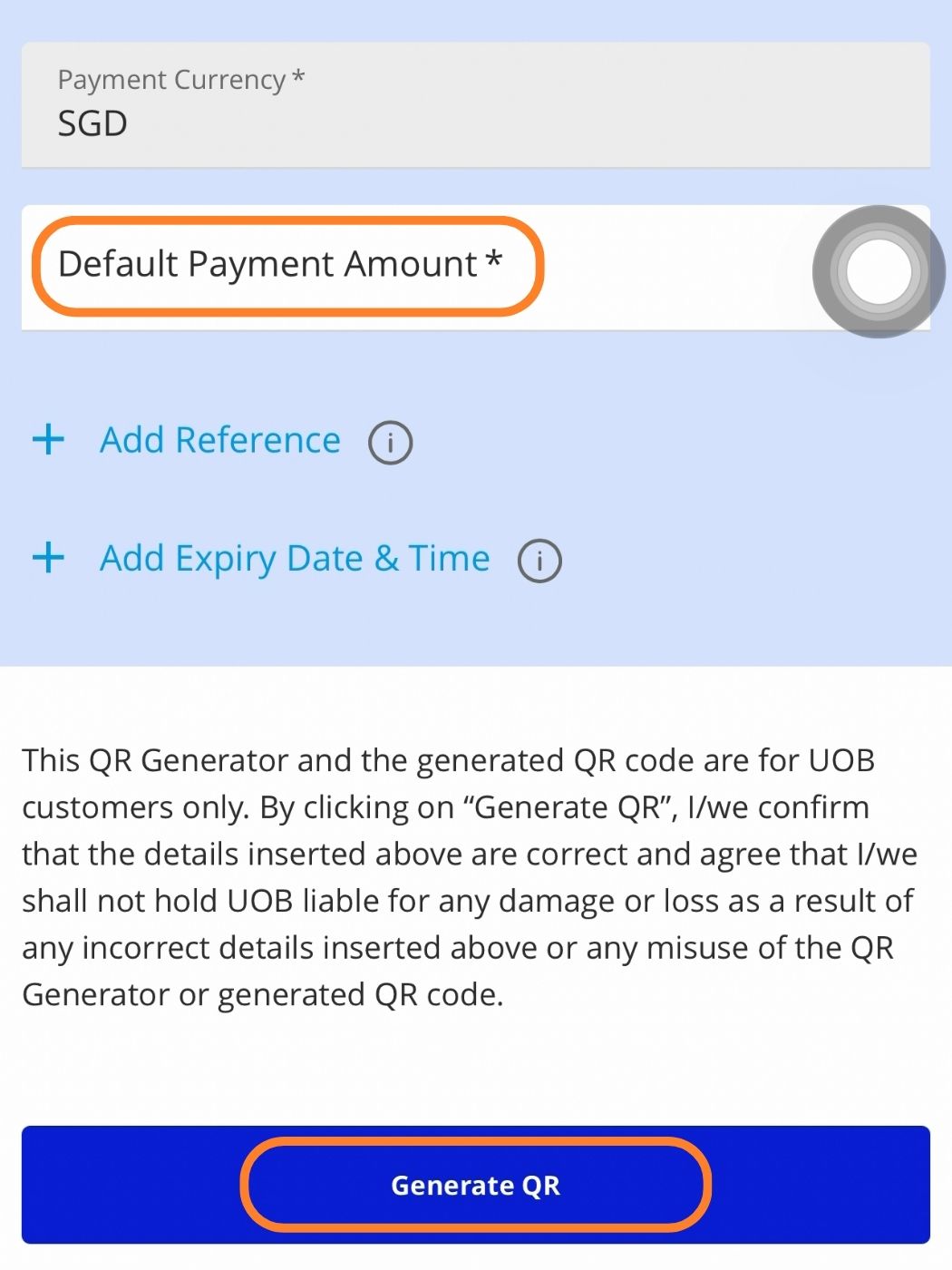 UOB Infinity QR generator with amount, reference and Generate QR button