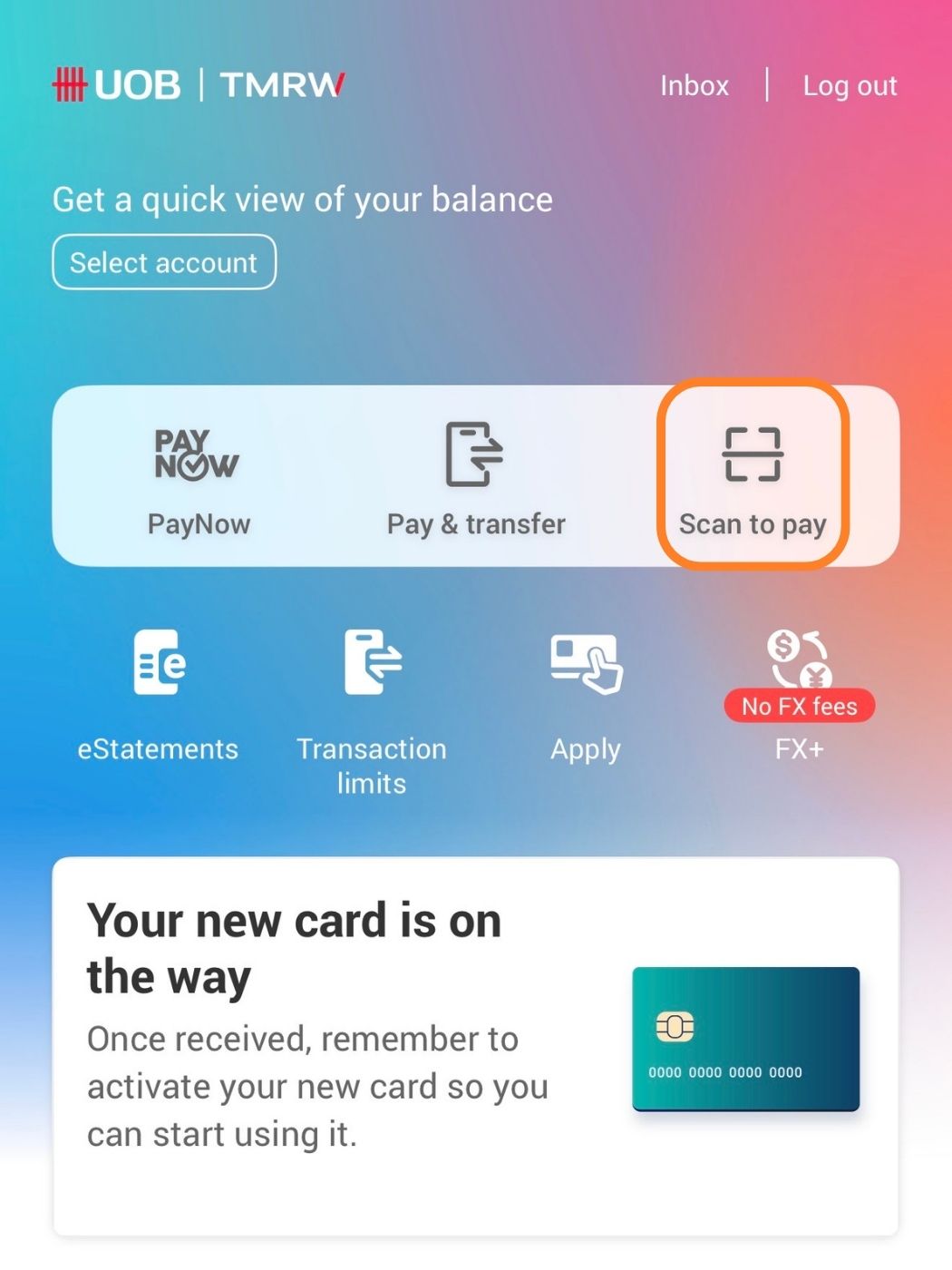 UOB TMRW home screen with Scan to pay highlighted