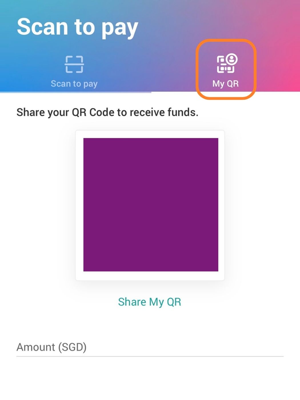UOB TMRW My QR tab showing the personal QR code and Share My QR