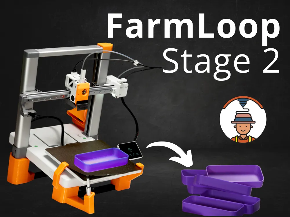 FarmLoop Stage 2 on a Bambu Lab A1 mini: orange 3D-printed brackets on the printer and a stack of purple trays it has ejected automatically