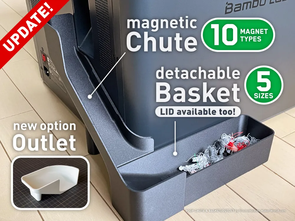 3D-printed magnetic poop chute with a detachable basket on a Bambu Lab printer