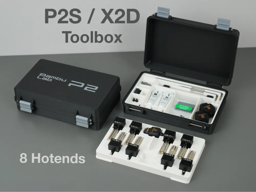 3D-printed P2S/X2D toolbox holding Bambu Lab tools and 8 hotends