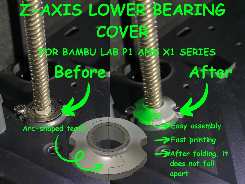Before-and-after of a 3D-printed Z-axis lower bearing cover fitted on a Bambu Lab printer