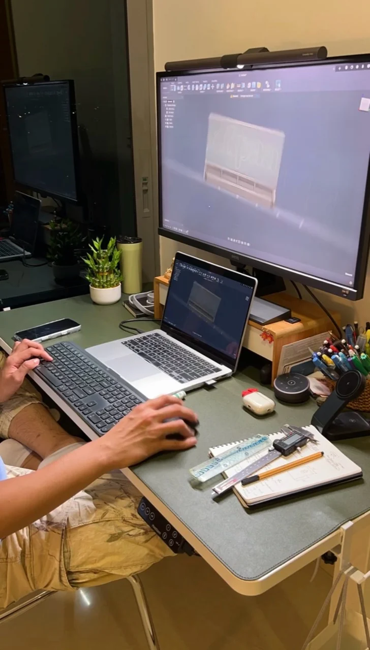 A design taking shape at the Allin Studio workbench, with a laptop, measuring tools and sketches